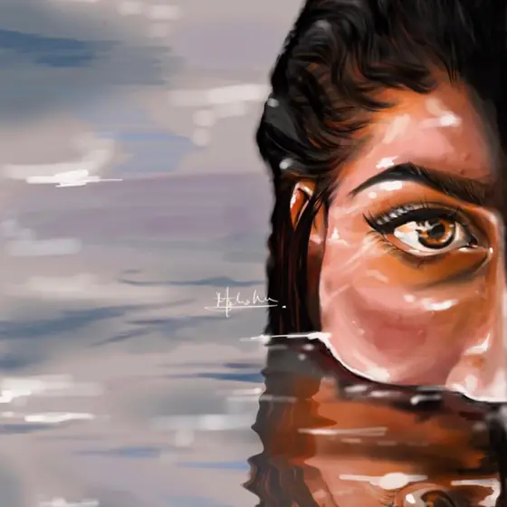 Painted portrait of a woman's face emerging from water